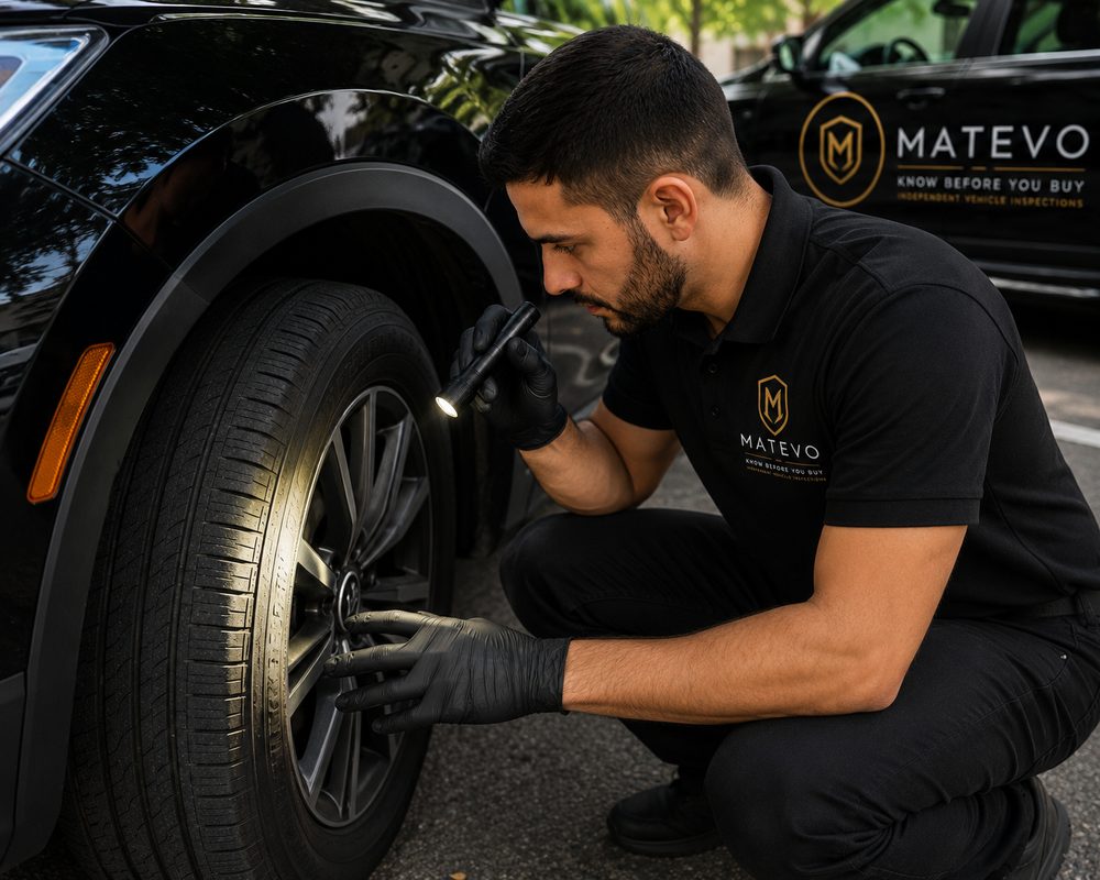 Matevo inspector checking tire tread with a flashlight