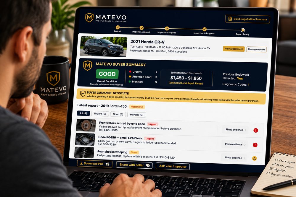 Buyer reviewing the Matevo buyer summary report on a laptop at home