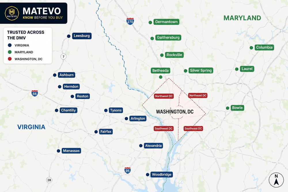 Matevo service area map across Virginia, Maryland, and Washington DC